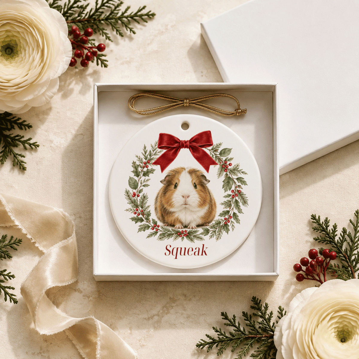 Personalized Guinea Pig Christmas Ornament, Botanical Wreath - Pretty Gifted