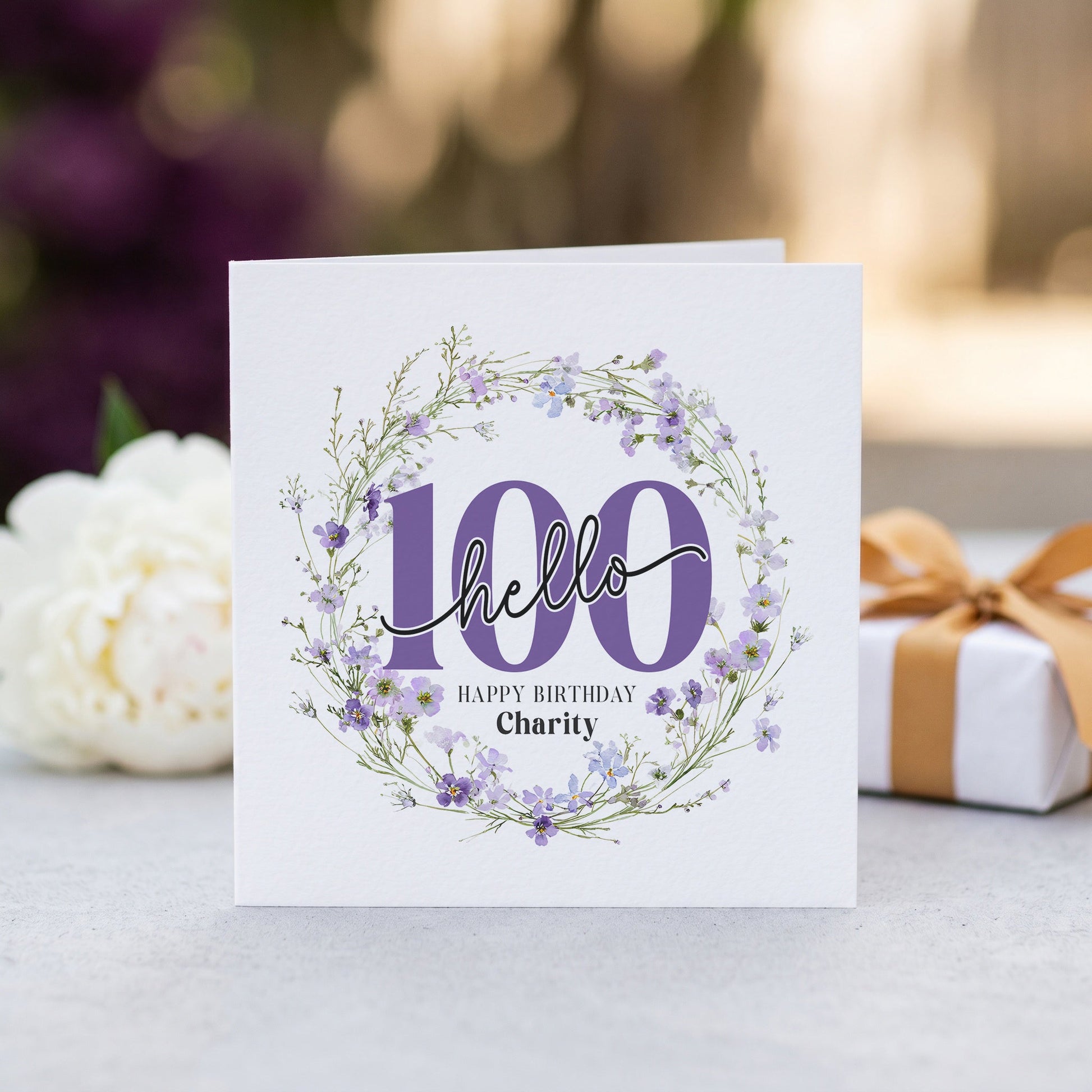 Personalized Hello 100 Birthday Card with Purple Wildflower Centennial Wreath - Pretty Gifted