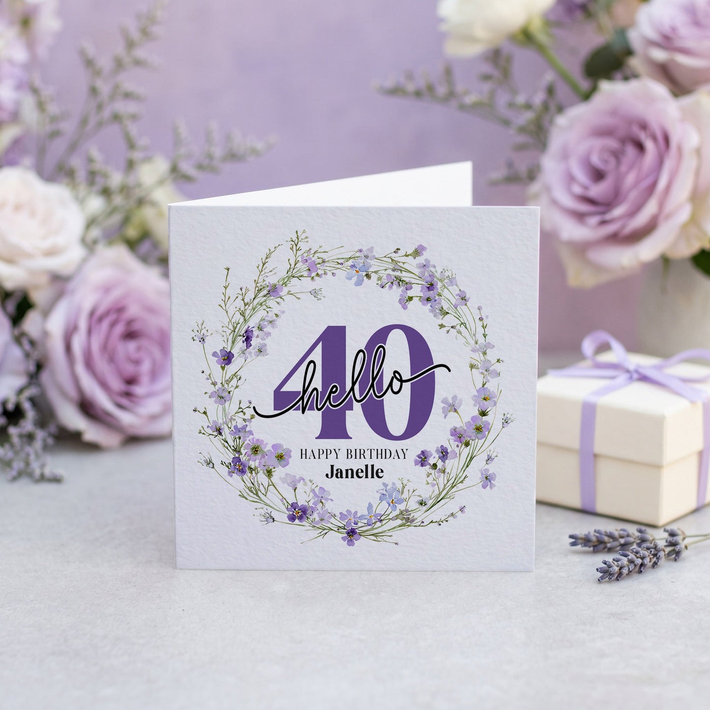 Personalized Hello 40 Birthday Card with Purple Wildflower Wreath - Pretty Gifted