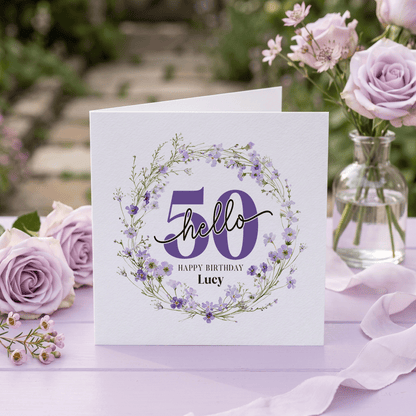 Personalized Hello 50 Birthday Card with Purple Wildflower Wreath - Pretty Gifted