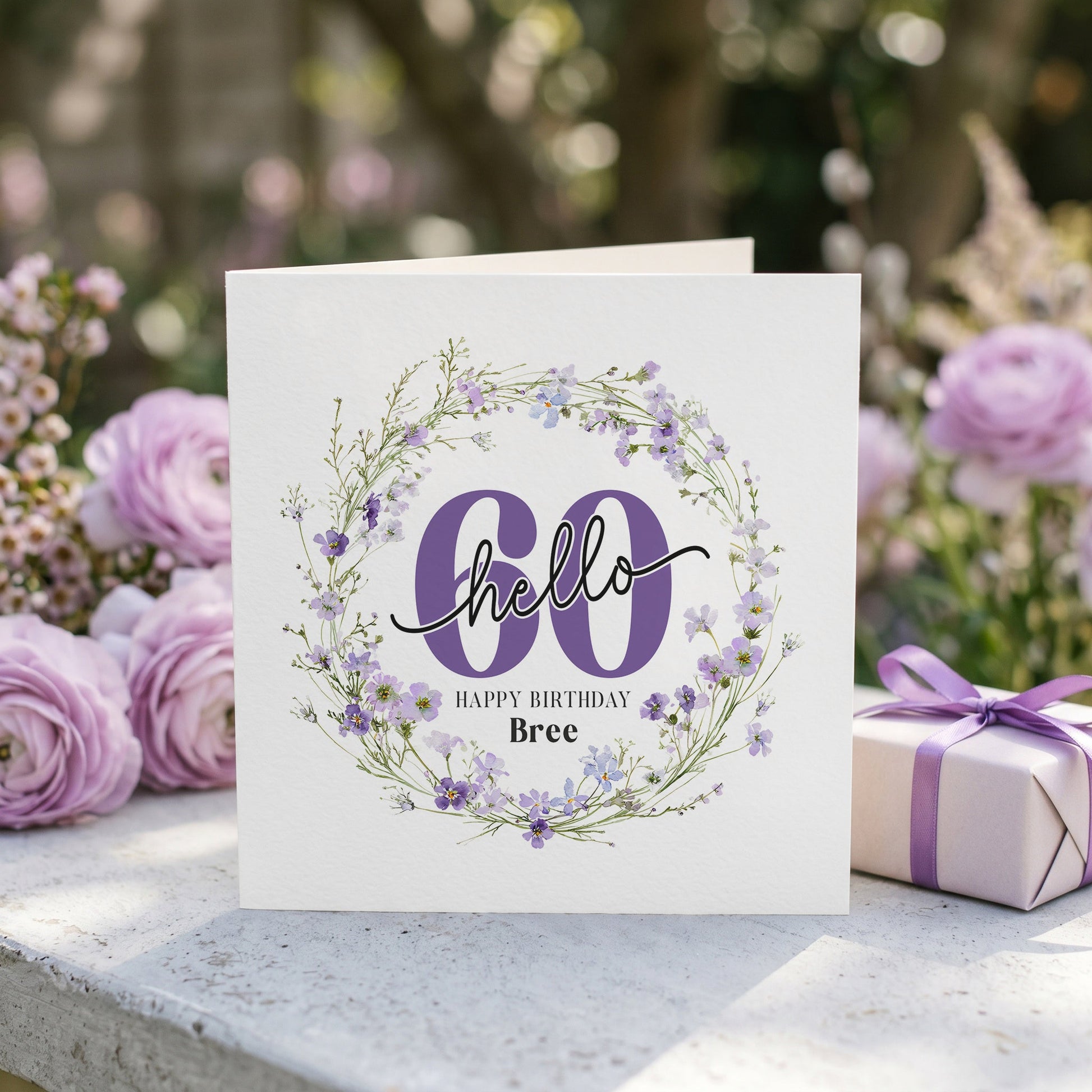 Personalized Hello 60 Birthday Card with Botanical Purple Wildflower Wreath - Pretty Gifted