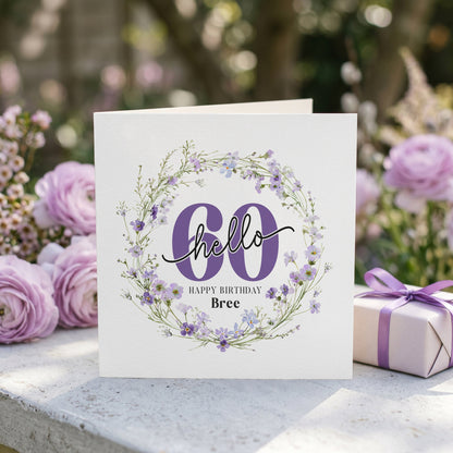 Personalized Hello 60 Birthday Card with Botanical Purple Wildflower Wreath - Pretty Gifted