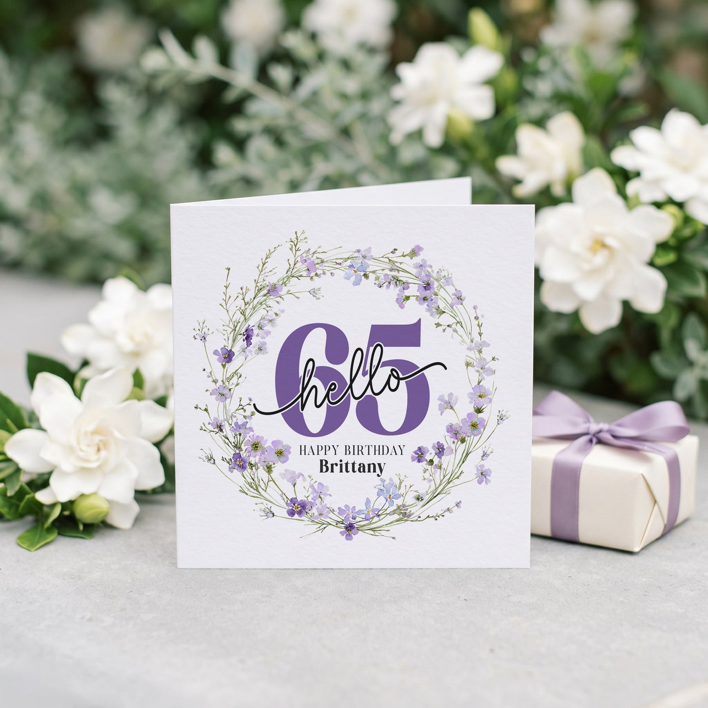 Personalized Hello 65 Birthday Card with Purple Wildflower Wreath - Pretty Gifted