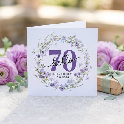 Personalized Hello 70 Birthday Card with Purple Wildflower Wreath - Pretty Gifted