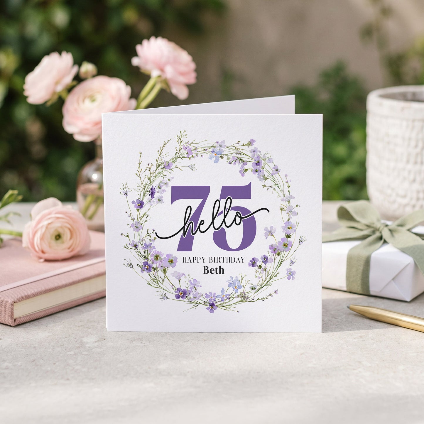 Personalized Hello 75 Birthday Card with Purple Wildflower Wreath - Pretty Gifted
