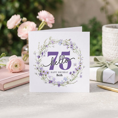 Personalized Hello 75 Birthday Card with Purple Wildflower Wreath - Pretty Gifted
