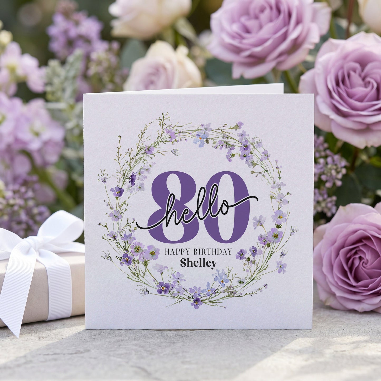 Personalized Hello 80 Birthday Card with Purple Botanical Wildflower Wreath - Pretty Gifted