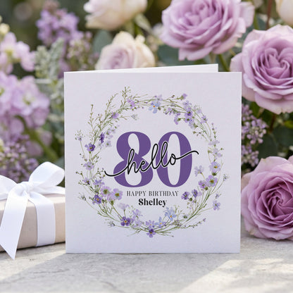 Personalized Hello 80 Birthday Card with Purple Botanical Wildflower Wreath - Pretty Gifted
