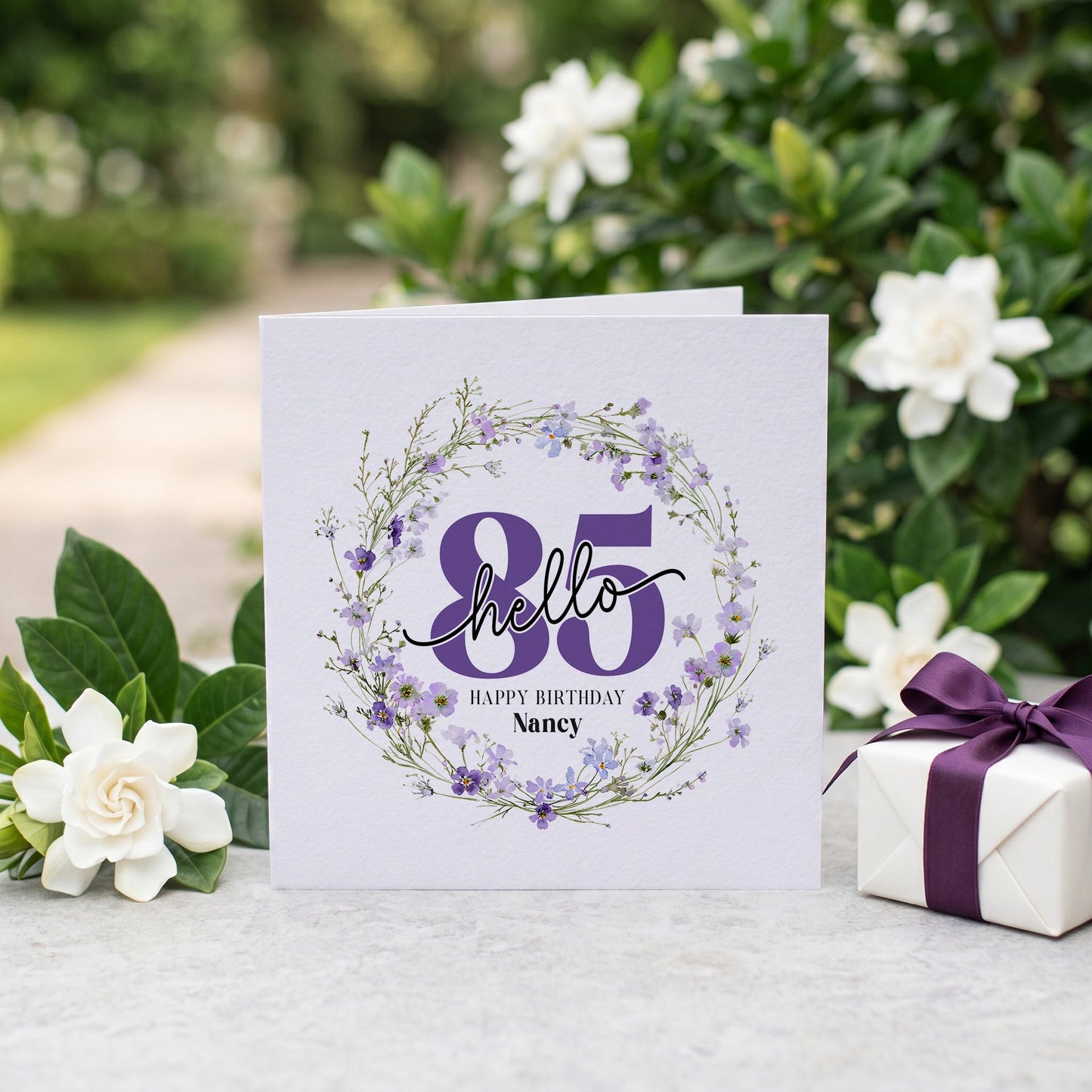 Personalized Hello 85 Birthday Card with Purple Wildflower Floral Wreath - Pretty Gifted