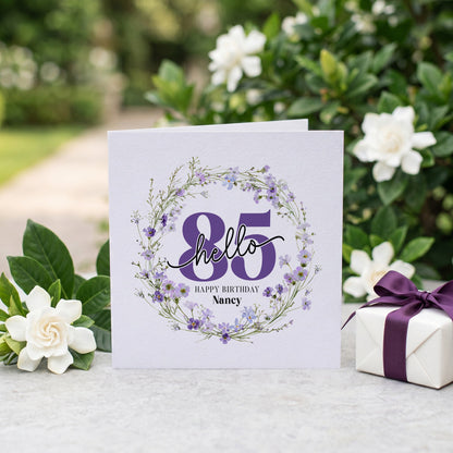 Personalized Hello 85 Birthday Card with Purple Wildflower Floral Wreath - Pretty Gifted
