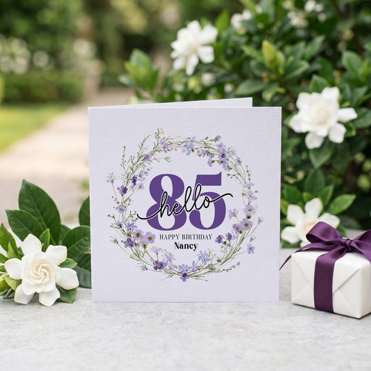 Personalized Hello 85 Birthday Card with Purple Wildflower Floral Wreath - Pretty Gifted