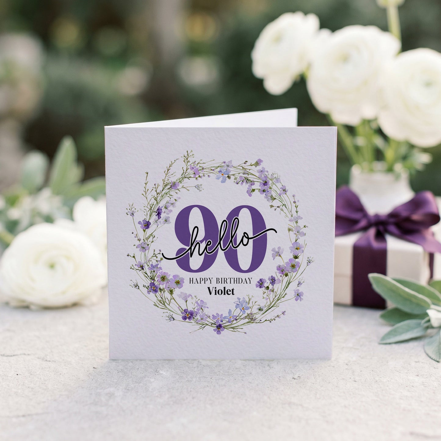 Personalized Hello 90 Birthday Card with Purple Wildflower Wreath - Pretty Gifted