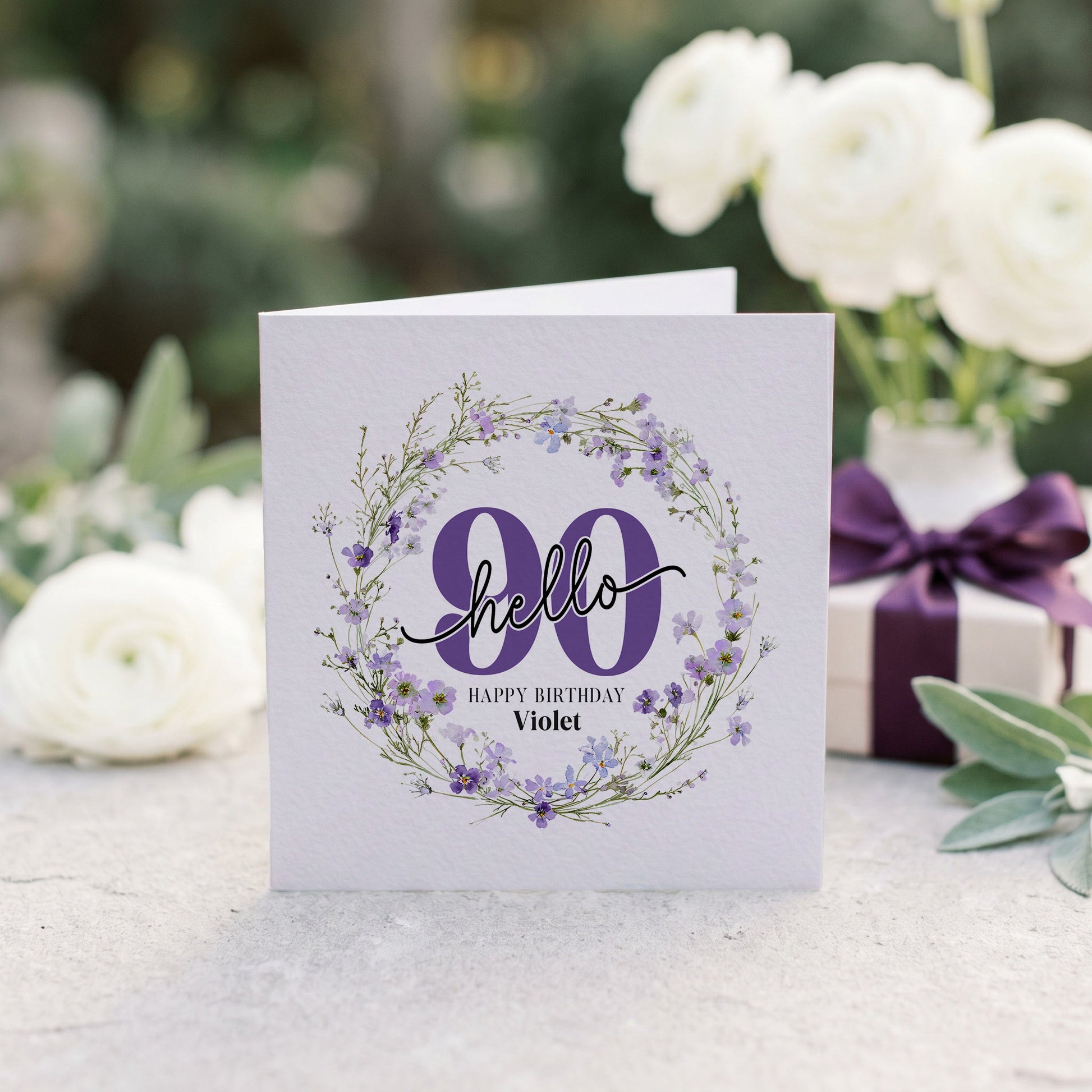 Personalized Hello 90 Birthday Card with Purple Wildflower Wreath - Pretty Gifted