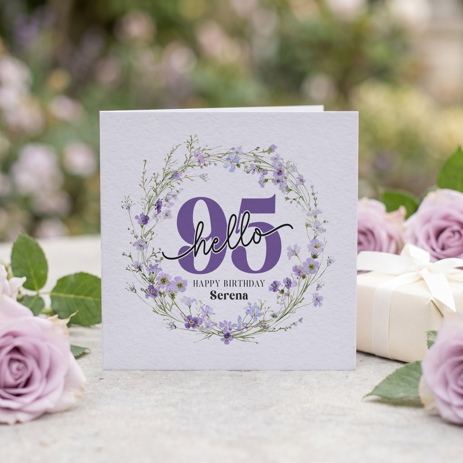 Personalized Hello 95 Birthday Card with Purple Wildflower Floral Wreath - Pretty Gifted
