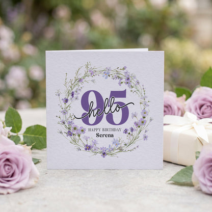 Personalized Hello 95 Birthday Card with Purple Wildflower Floral Wreath - Pretty Gifted