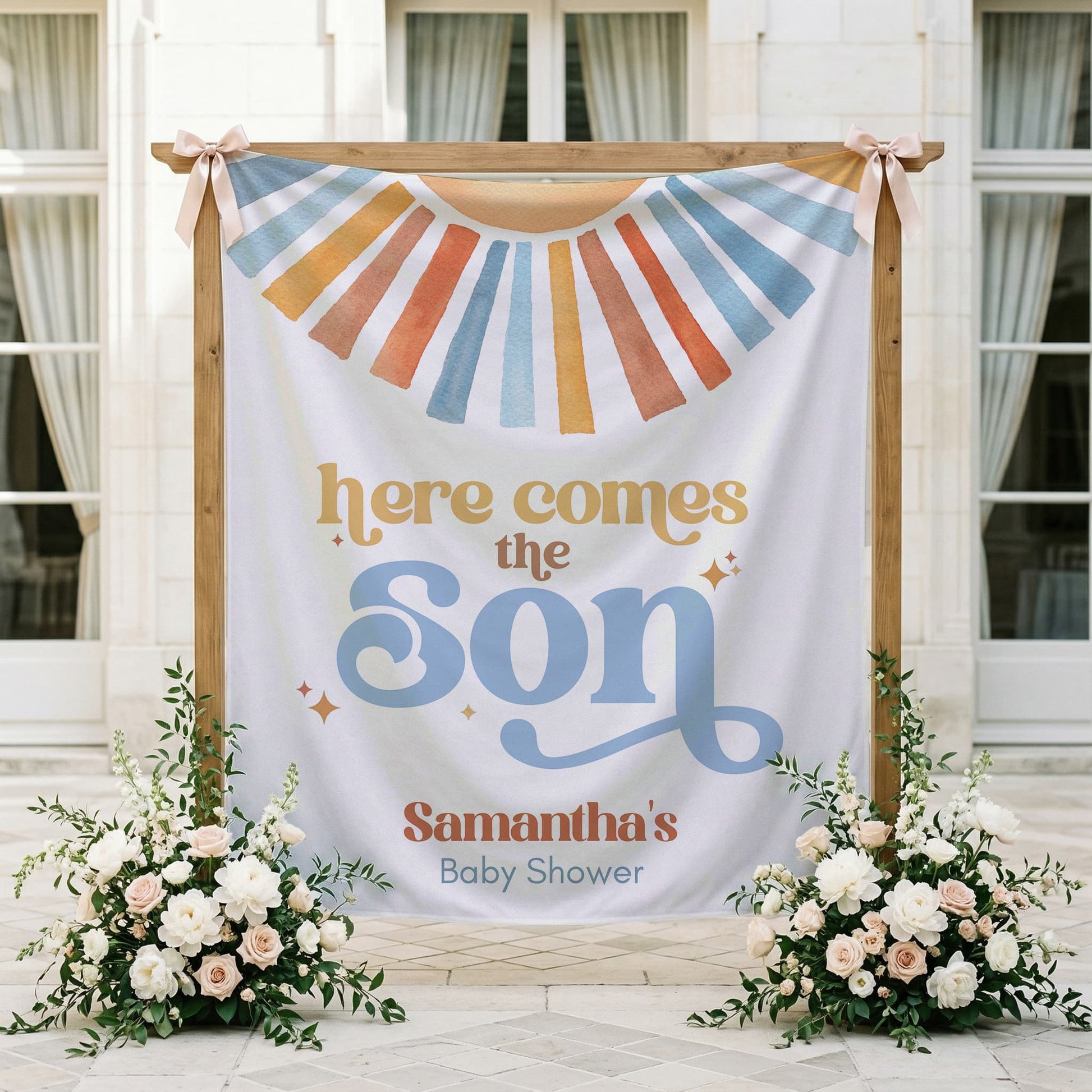 Personalized Here Comes the Son Backdrop, Boy Baby Shower Sun Banner - Pretty Gifted