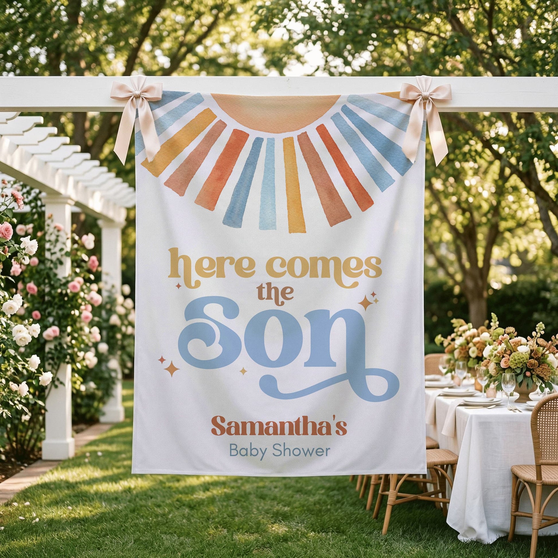 Personalized Here Comes the Son Backdrop, Boy Baby Shower Sun Banner - Pretty Gifted