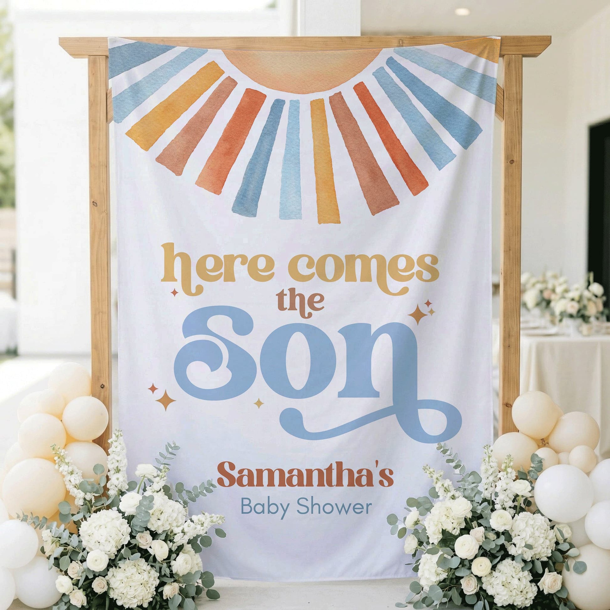 Personalized Here Comes the Son Backdrop, Boy Baby Shower Sun Banner - Pretty Gifted