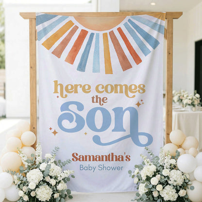 Personalized Here Comes the Son Backdrop, Boy Baby Shower Sun Banner - Pretty Gifted