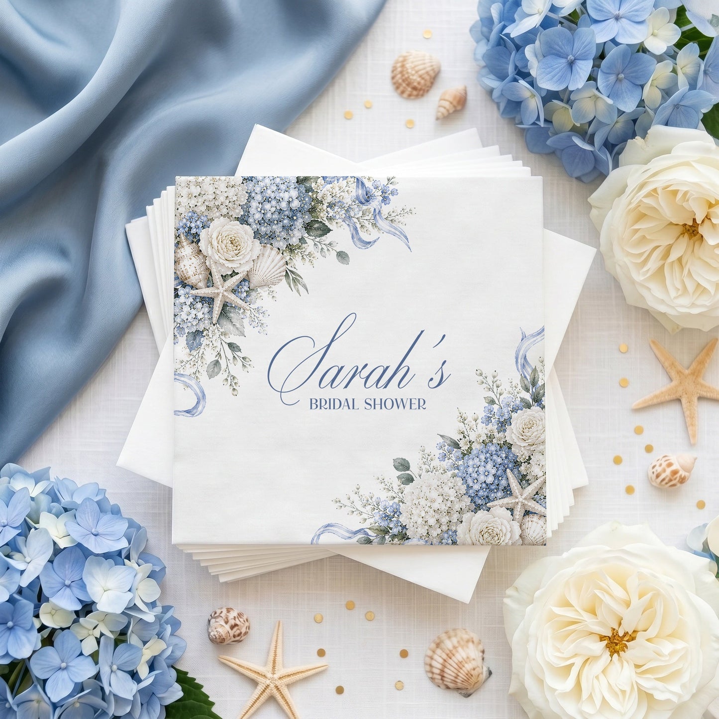 Personalized Hydrangea Bridal Shower Napkins, Coastal Blue Floral Corner Spray - Pretty Gifted