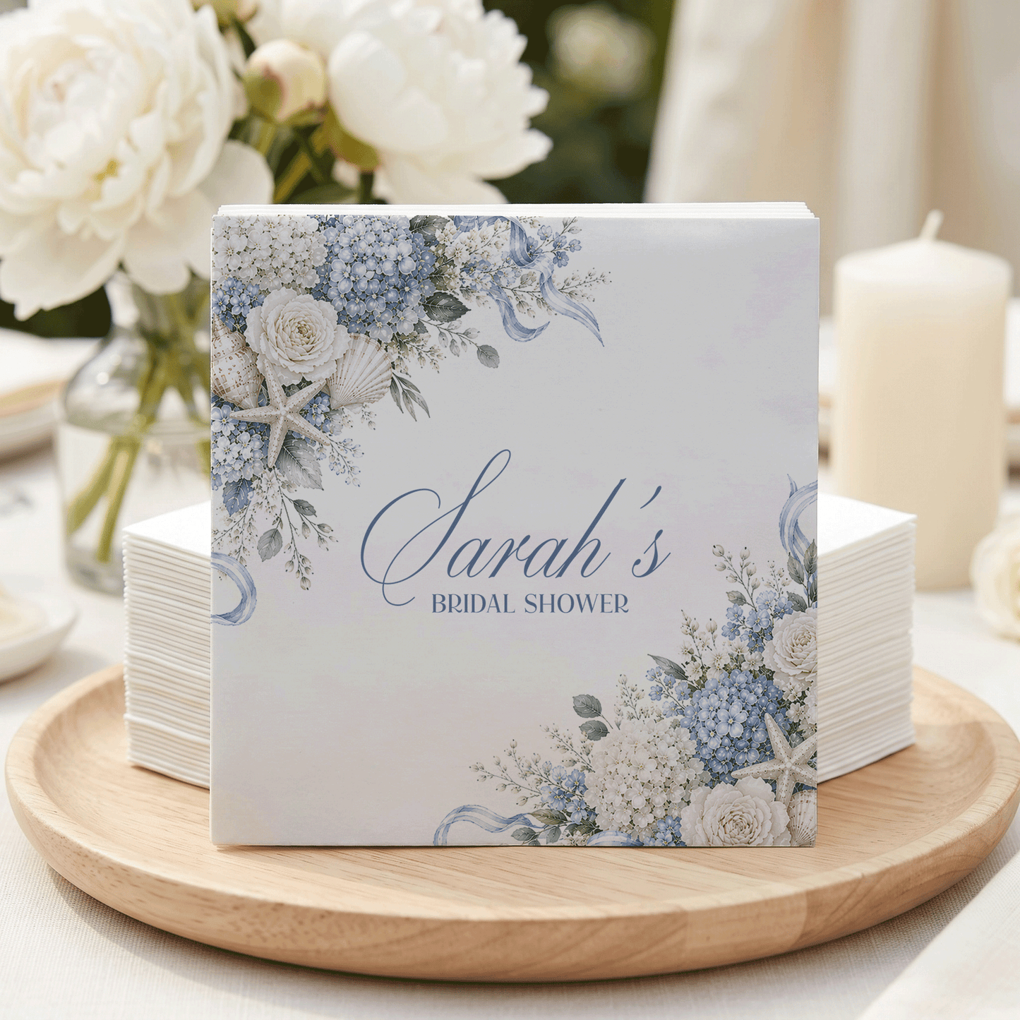 Personalized Hydrangea Bridal Shower Napkins, Coastal Blue Floral Corner Spray - Pretty Gifted