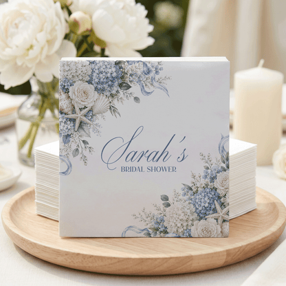 Personalized Hydrangea Bridal Shower Napkins, Coastal Blue Floral Corner Spray - Pretty Gifted