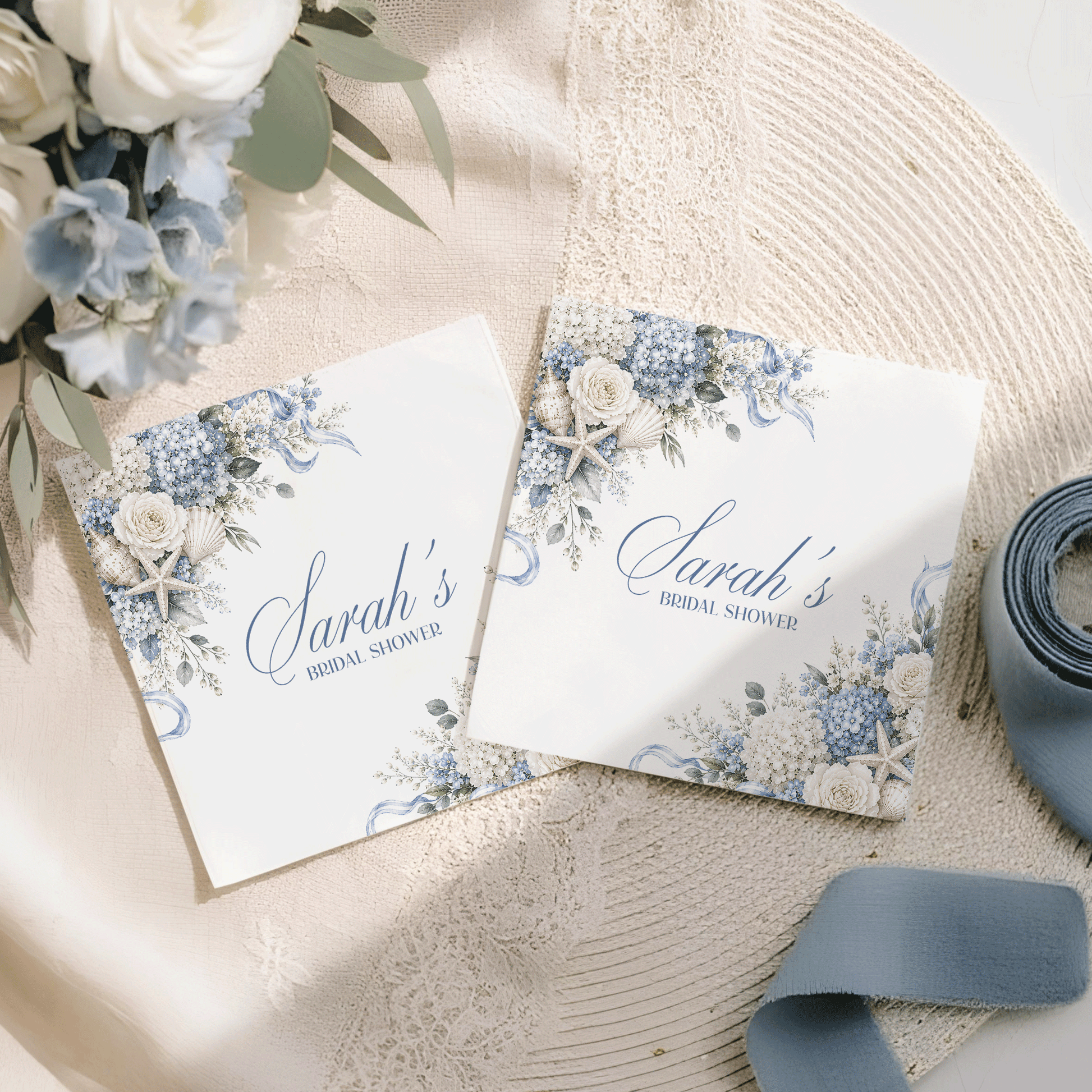 Personalized Hydrangea Bridal Shower Napkins, Coastal Blue Floral Corner Spray - Pretty Gifted