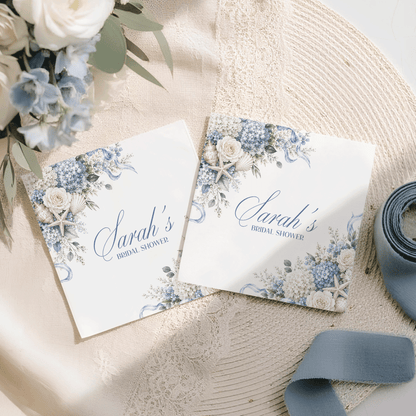 Personalized Hydrangea Bridal Shower Napkins, Coastal Blue Floral Corner Spray - Pretty Gifted