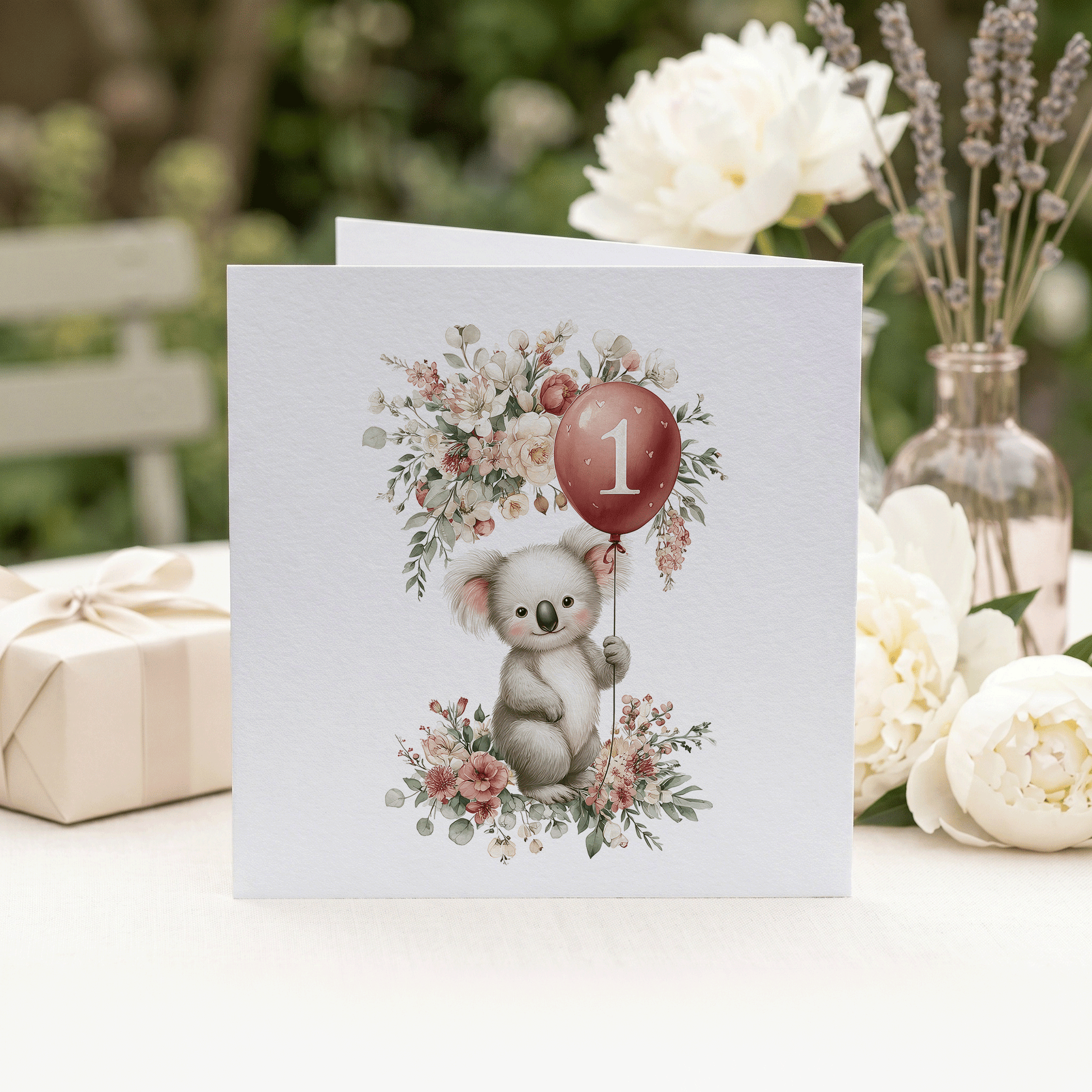 Personalized Koala 1st Birthday Card with Balloon Florals, Any Relation - Pretty Gifted
