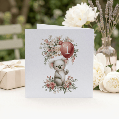 Personalized Koala 1st Birthday Card with Balloon Florals, Any Relation - Pretty Gifted