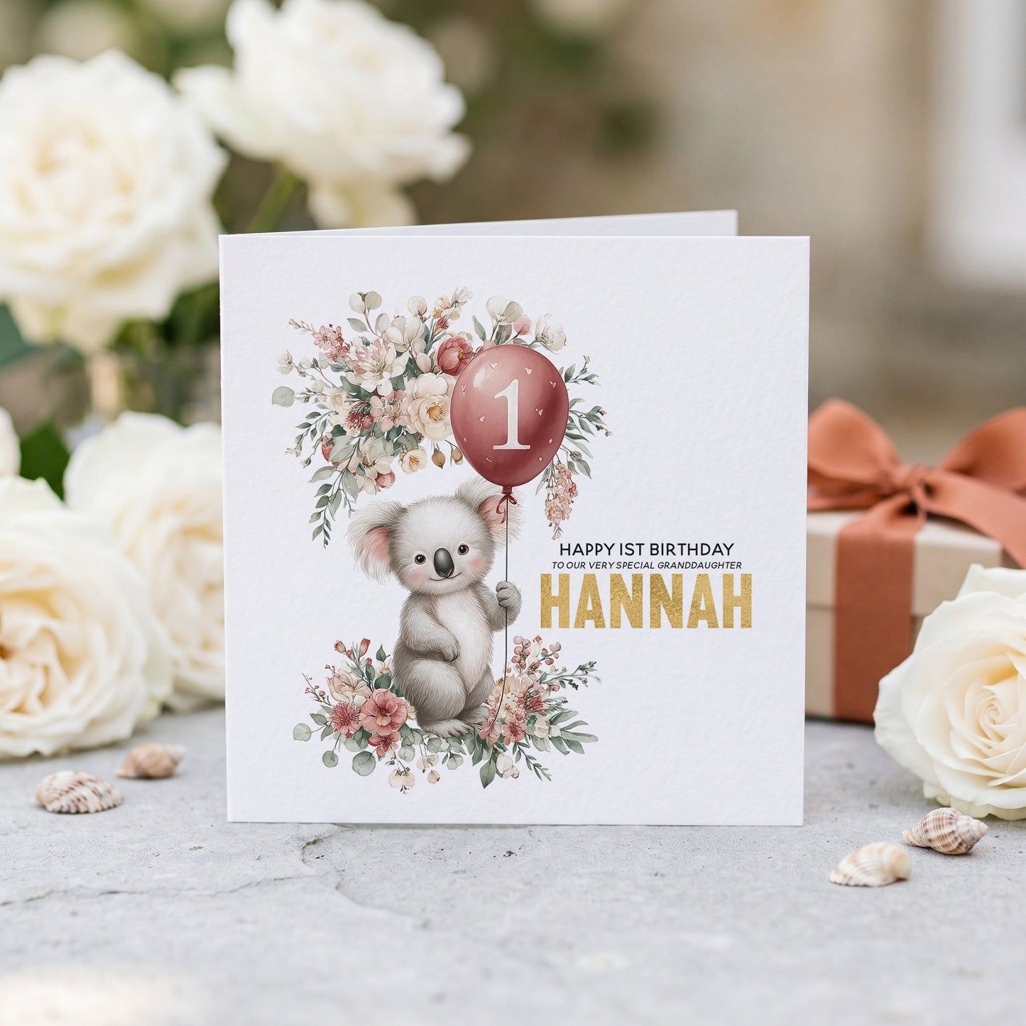 Personalized Koala 1st Birthday Card with Balloon Florals, Any Relation - Pretty Gifted