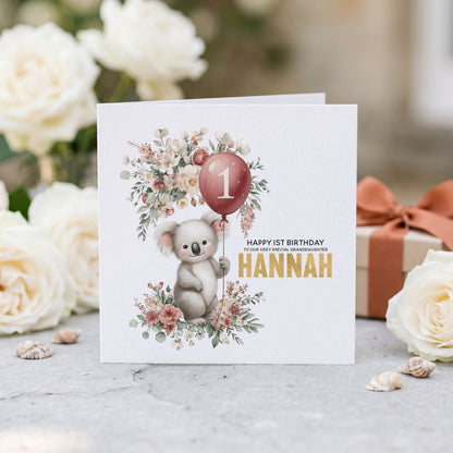Personalized Koala 1st Birthday Card with Balloon Florals, Any Relation - Pretty Gifted