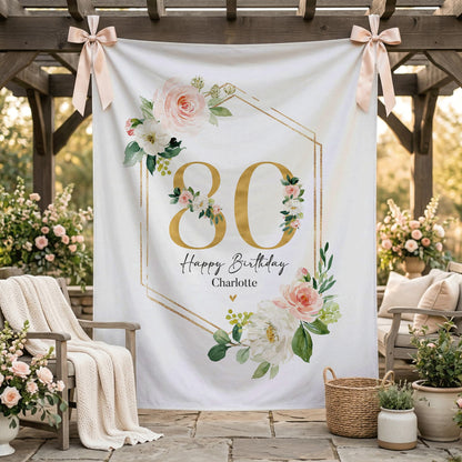 Personalized Milestone Birthday Backdrop, Blush Floral and Gold Geometric - Pretty Gifted