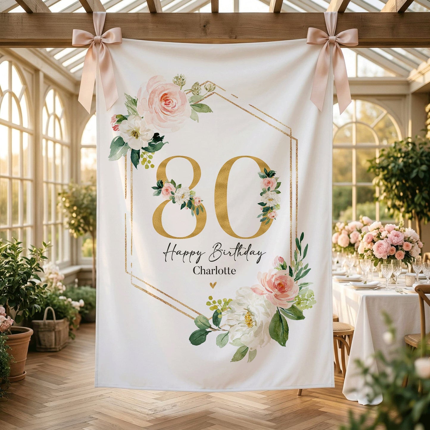Personalized Milestone Birthday Backdrop, Blush Floral and Gold Geometric - Pretty Gifted