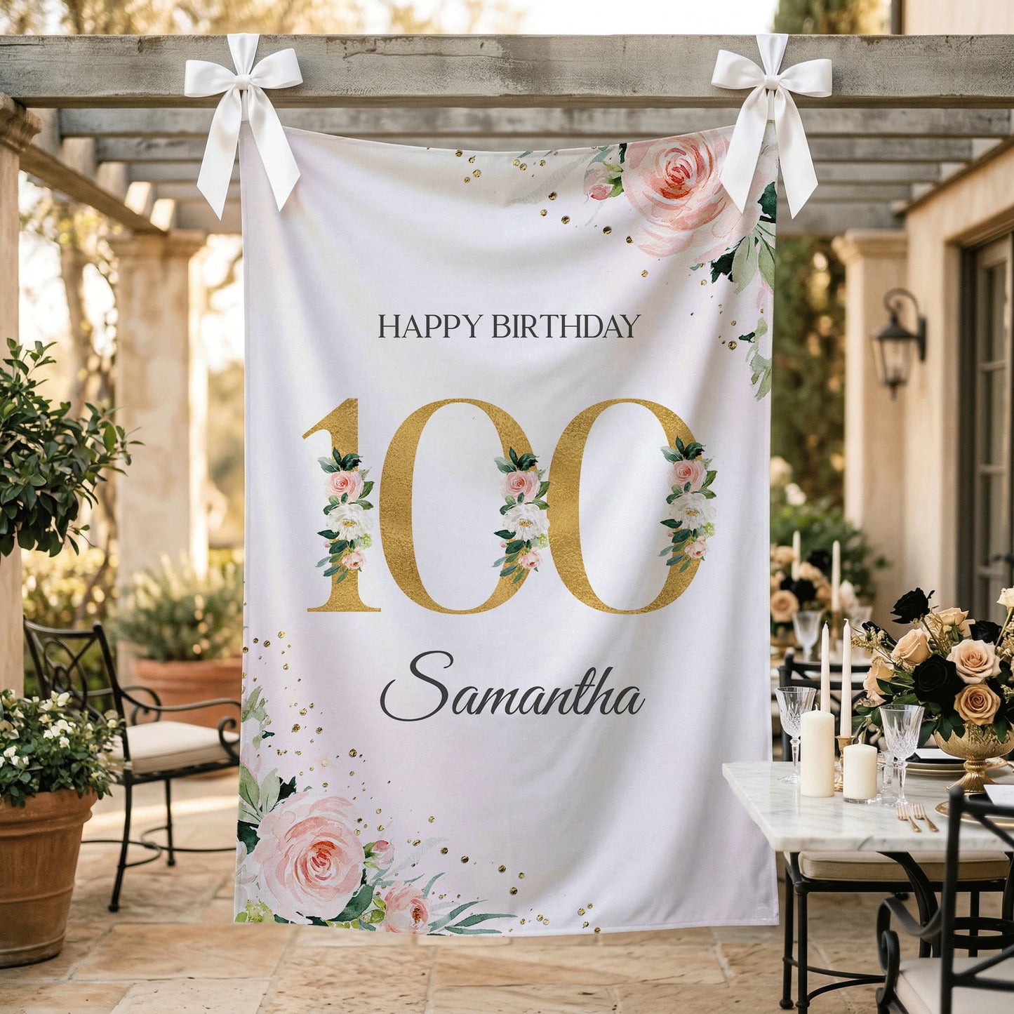 Personalized Milestone Birthday Backdrop, Peach Floral and Gold - Pretty Gifted