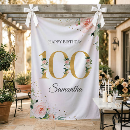 Personalized Milestone Birthday Backdrop, Peach Floral and Gold - Pretty Gifted