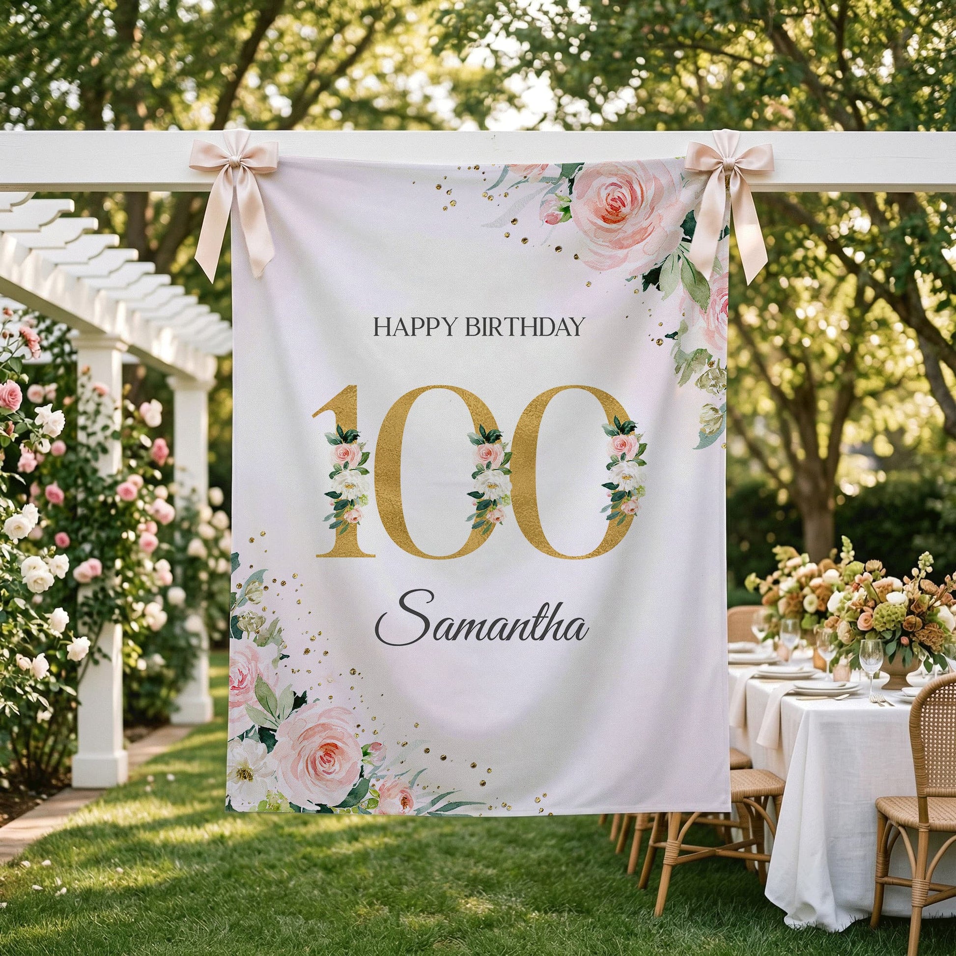 Personalized Milestone Birthday Backdrop, Peach Floral and Gold - Pretty Gifted