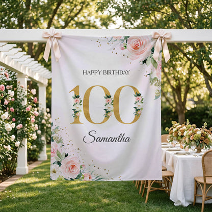 Personalized Milestone Birthday Backdrop, Peach Floral and Gold - Pretty Gifted