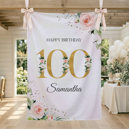 Personalized Milestone Birthday Backdrop, Peach Floral and Gold - Pretty Gifted