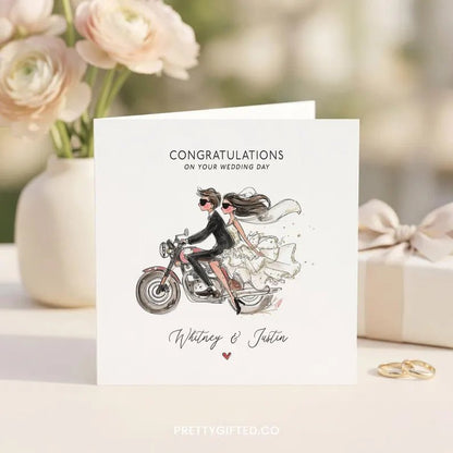 Personalized Motorcycle Wedding Card – Biker Bride and Groom Congratulations Card - Pretty Gifted