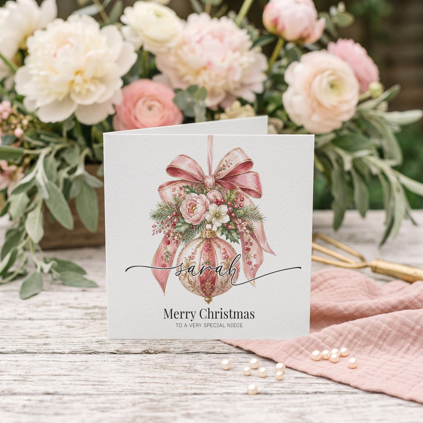 Personalized Niece Christmas Card | Pink Floral Ornament Design - Pretty Gifted