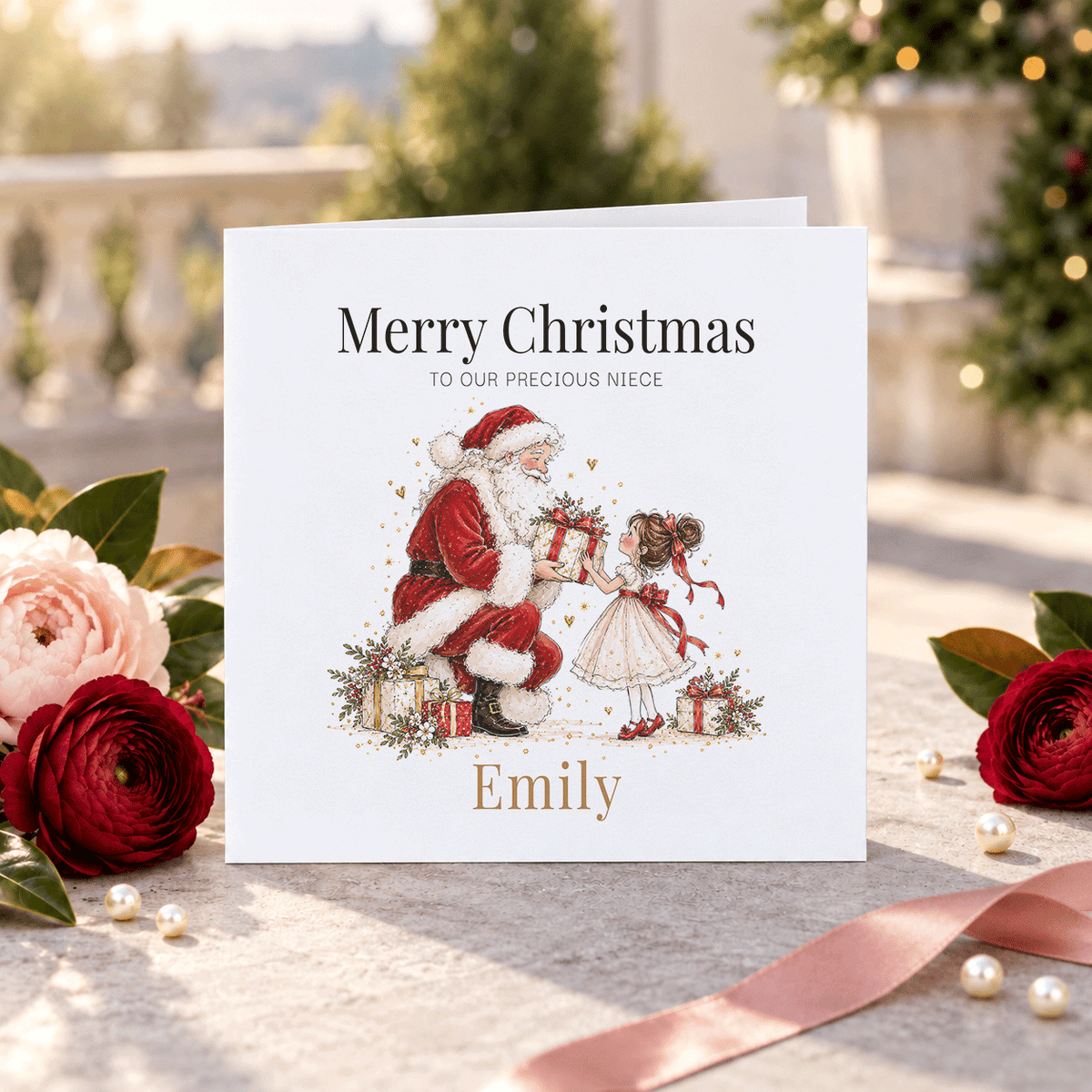 Personalized Niece Christmas Card, Santa Present Scene - Pretty Gifted