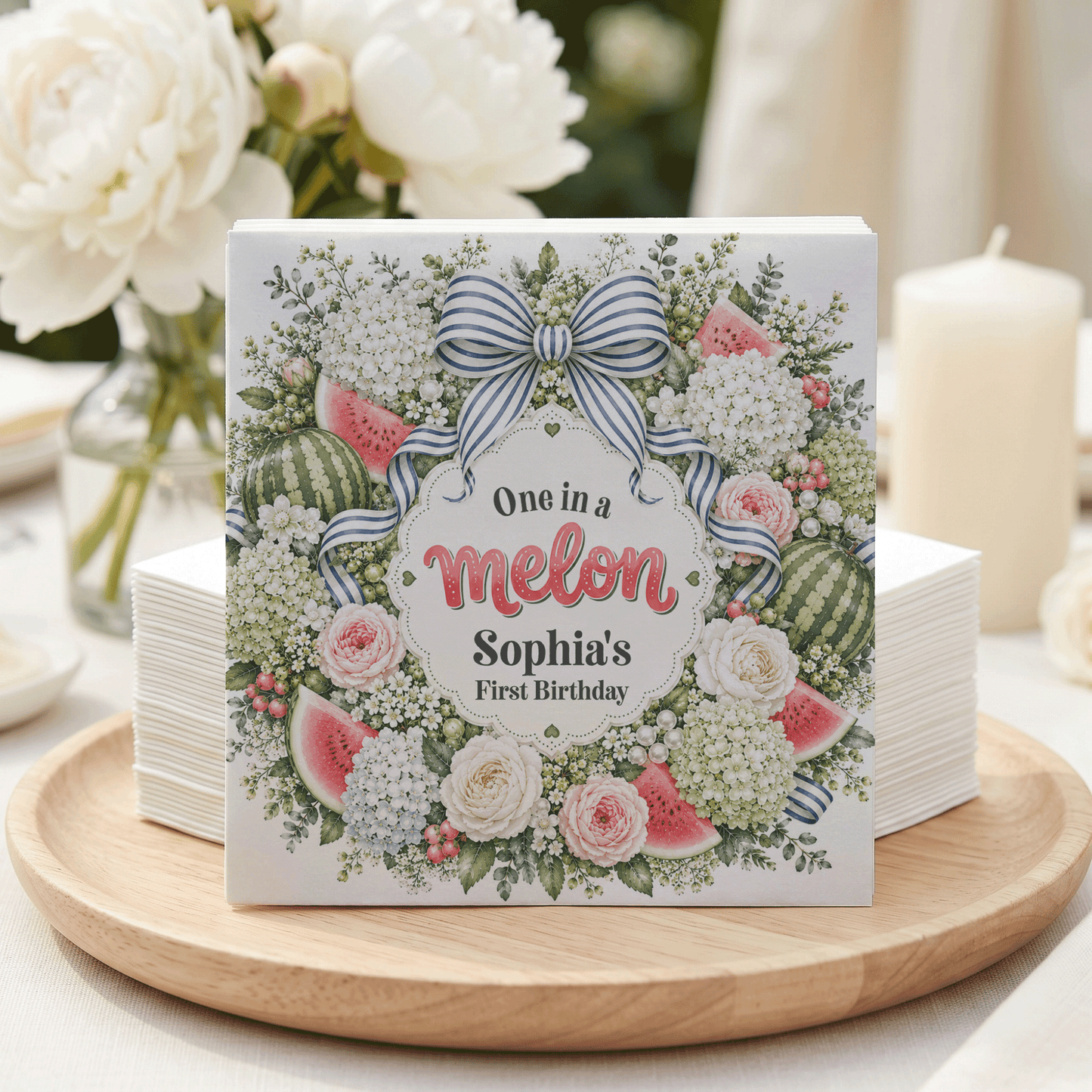 Personalized One in a Melon First Birthday Napkins with Watermelon Floral Wreath - Pretty Gifted