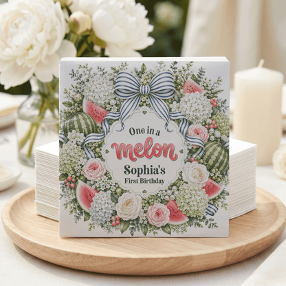 Personalized One in a Melon First Birthday Napkins with Watermelon Floral Wreath - Pretty Gifted