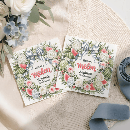 Personalized One in a Melon First Birthday Napkins with Watermelon Floral Wreath - Pretty Gifted