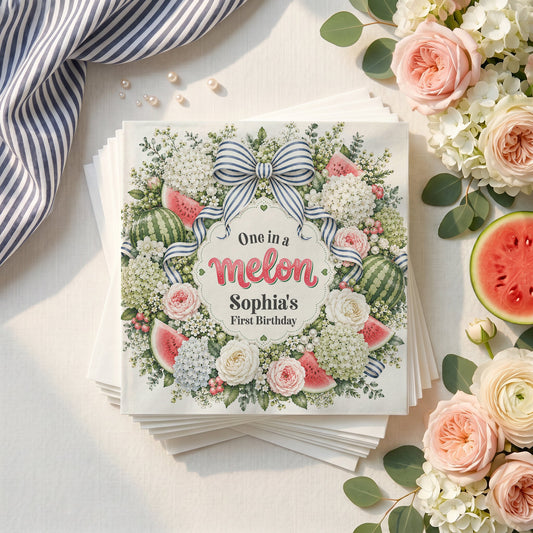 Personalized One in a Melon First Birthday Napkins with Watermelon Floral Wreath - Pretty Gifted