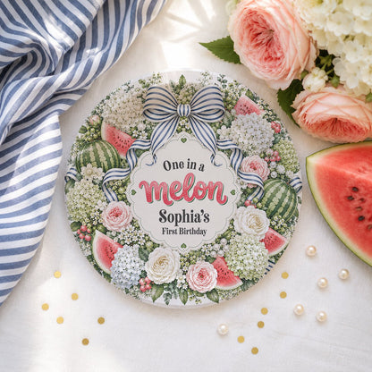 Personalized One in a Melon First Birthday Plates with Watermelon Floral Wreath - Pretty Gifted