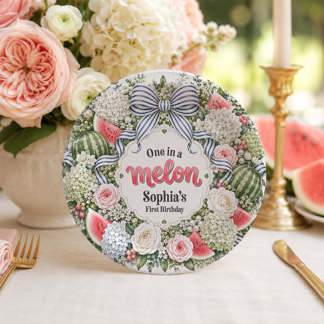 Personalized One in a Melon First Birthday Plates with Watermelon Floral Wreath - Pretty Gifted
