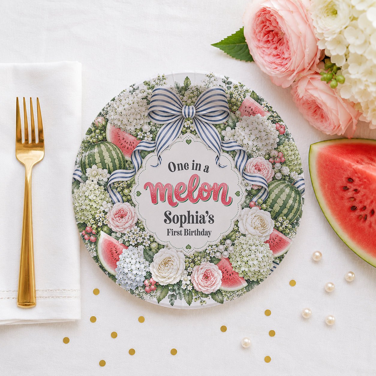 Personalized One in a Melon First Birthday Plates with Watermelon Floral Wreath - Pretty Gifted