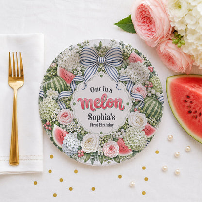 Personalized One in a Melon First Birthday Plates with Watermelon Floral Wreath - Pretty Gifted